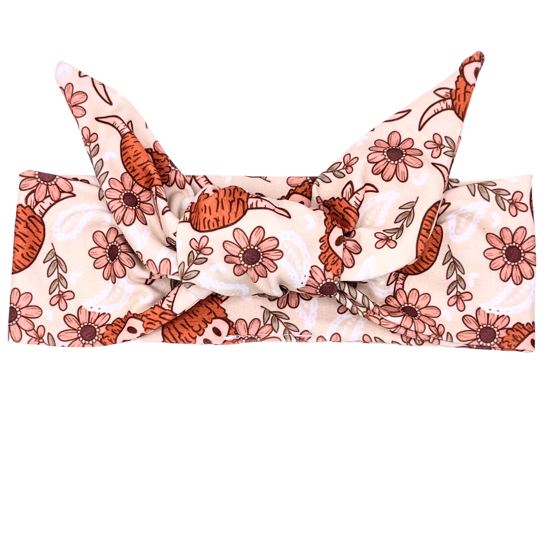 Floral Highland Cow Adjustable Tie Headband