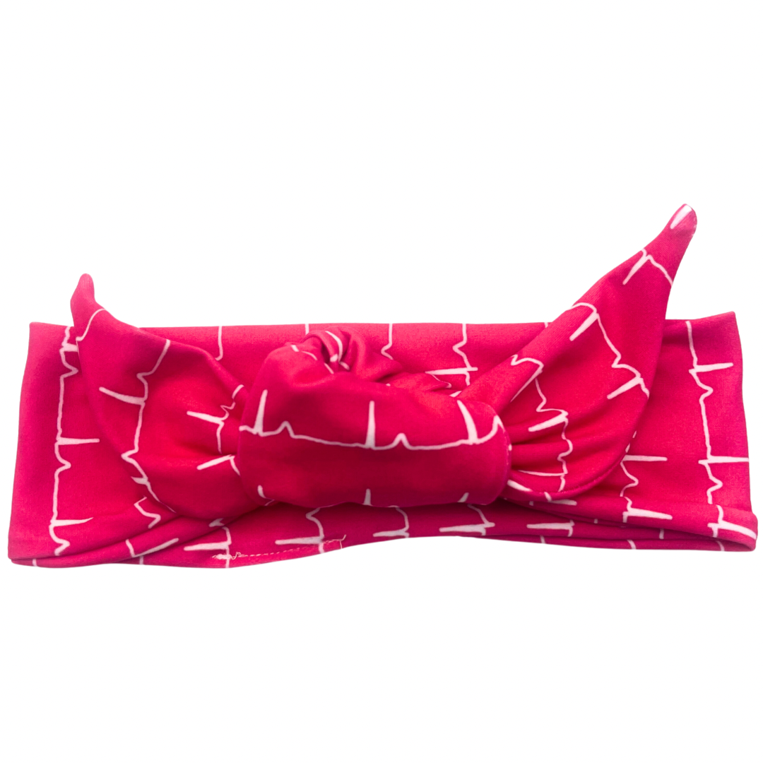 Hot Pink White Heartbeat Adjustable Tie Headband