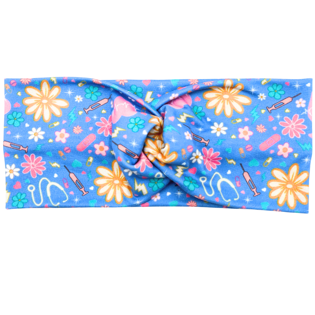 Retro Floral Nursing - Sky Blue Headband