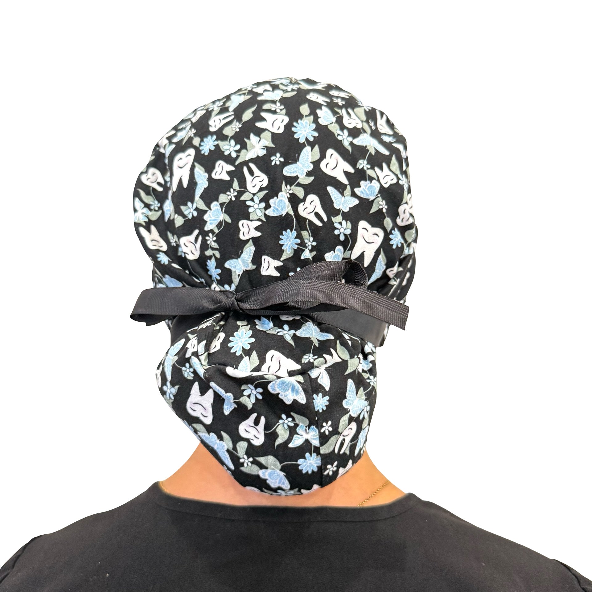 Floral Teeth - Black Soft Ponytail Scrub Cap