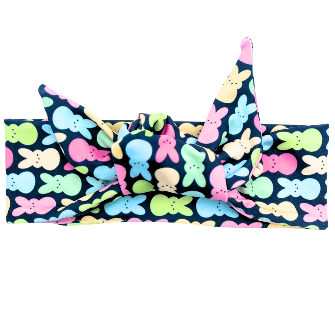 Rainbow Bunnies - Dark Blue Adjustable Tie Headband