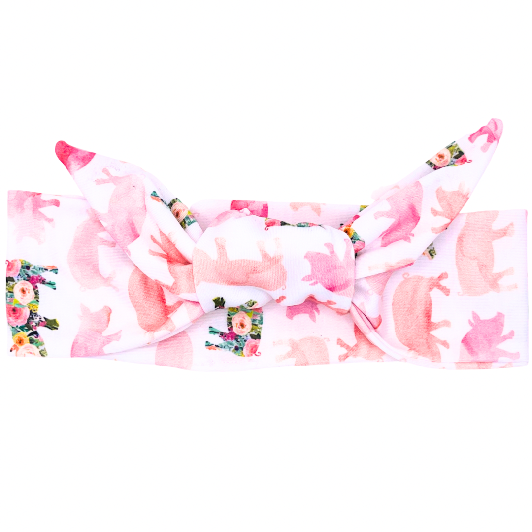 Pink & Floral Pigs Adjustable Tie Headband