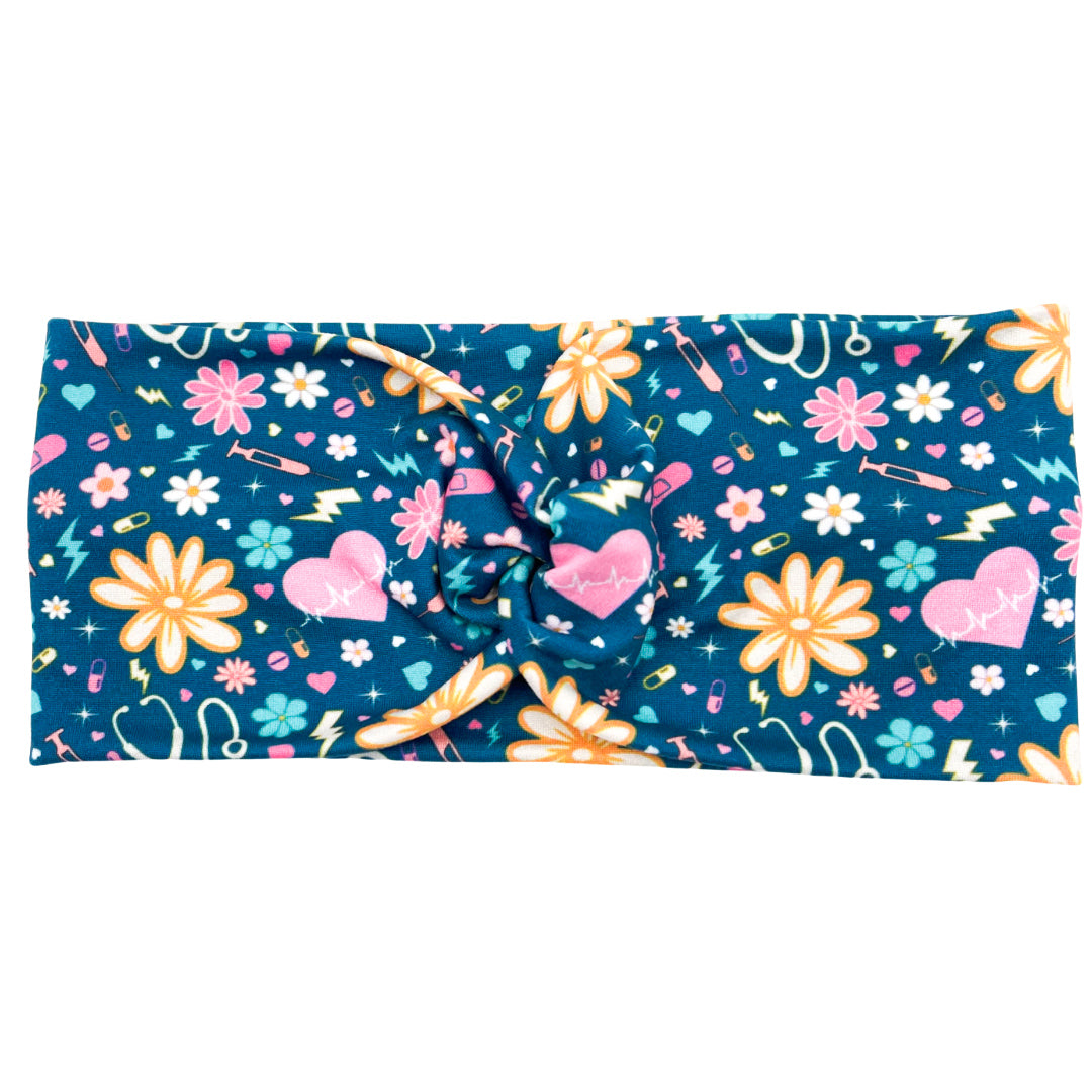 Retro Floral Nursing - Dark Blue Headband