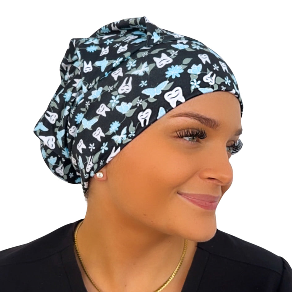 Floral Teeth - Black Soft Scrub Cap