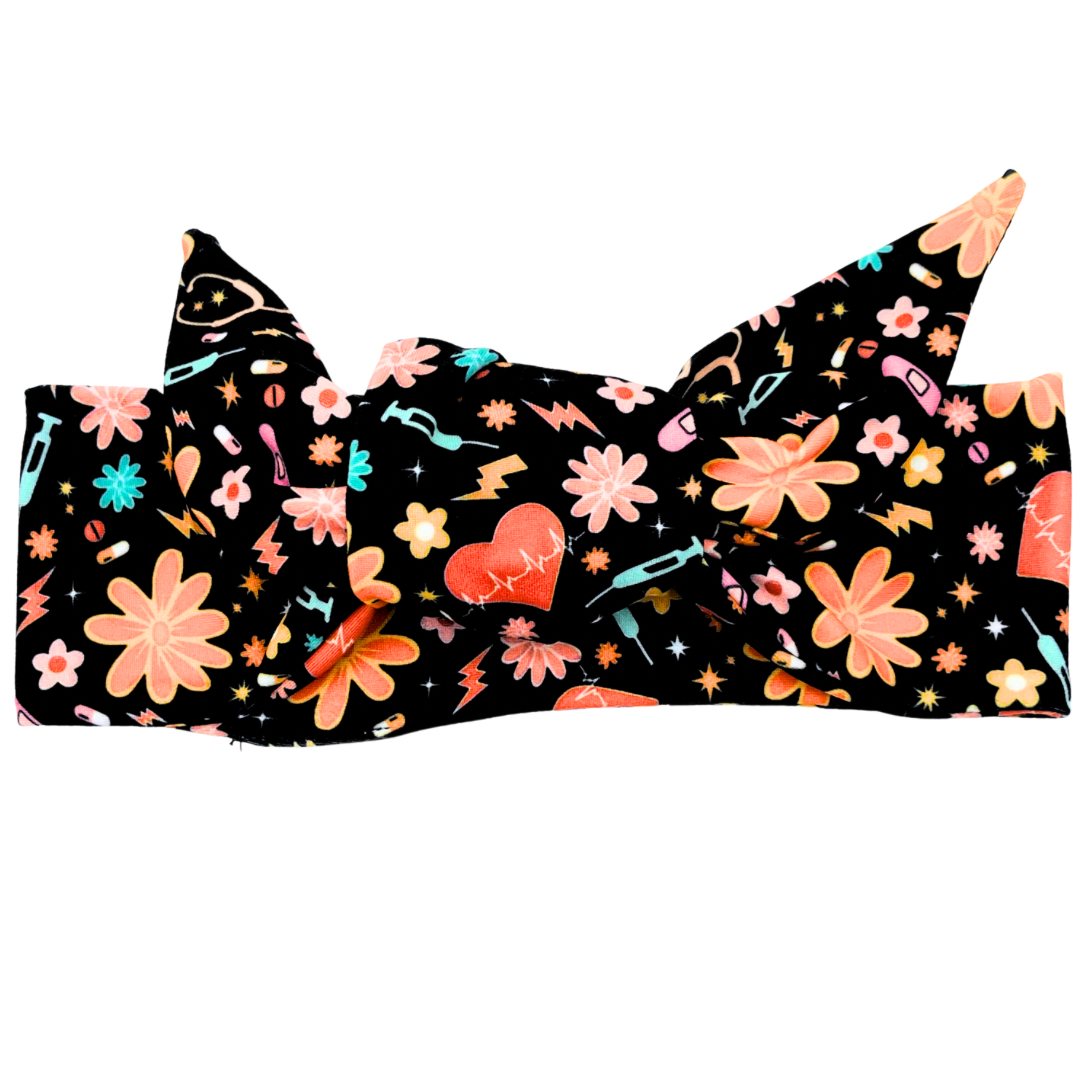 Retro Floral Nursing - Black Adjustable Tie Headband