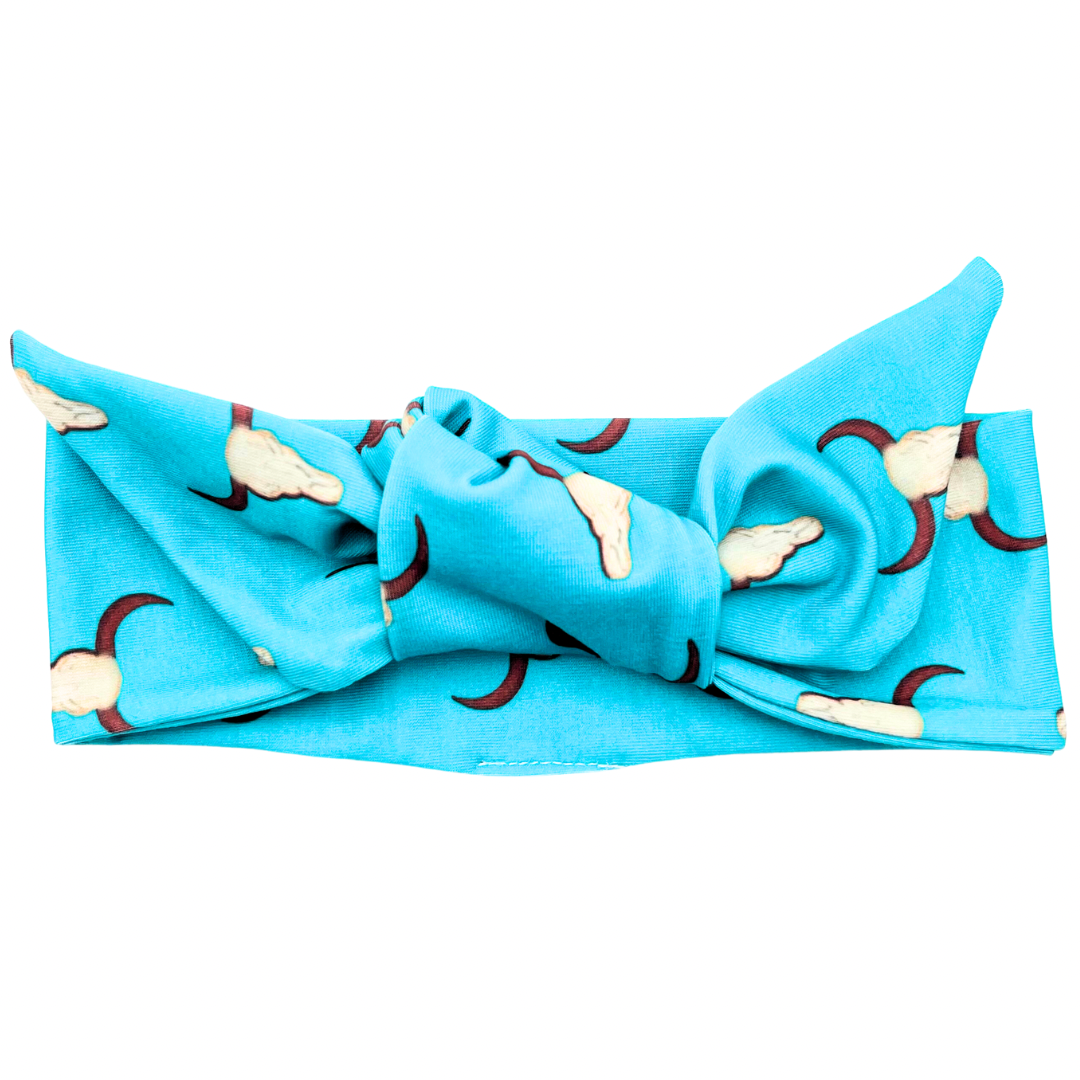 Cow Skull Teal Adjustable Tie Headband