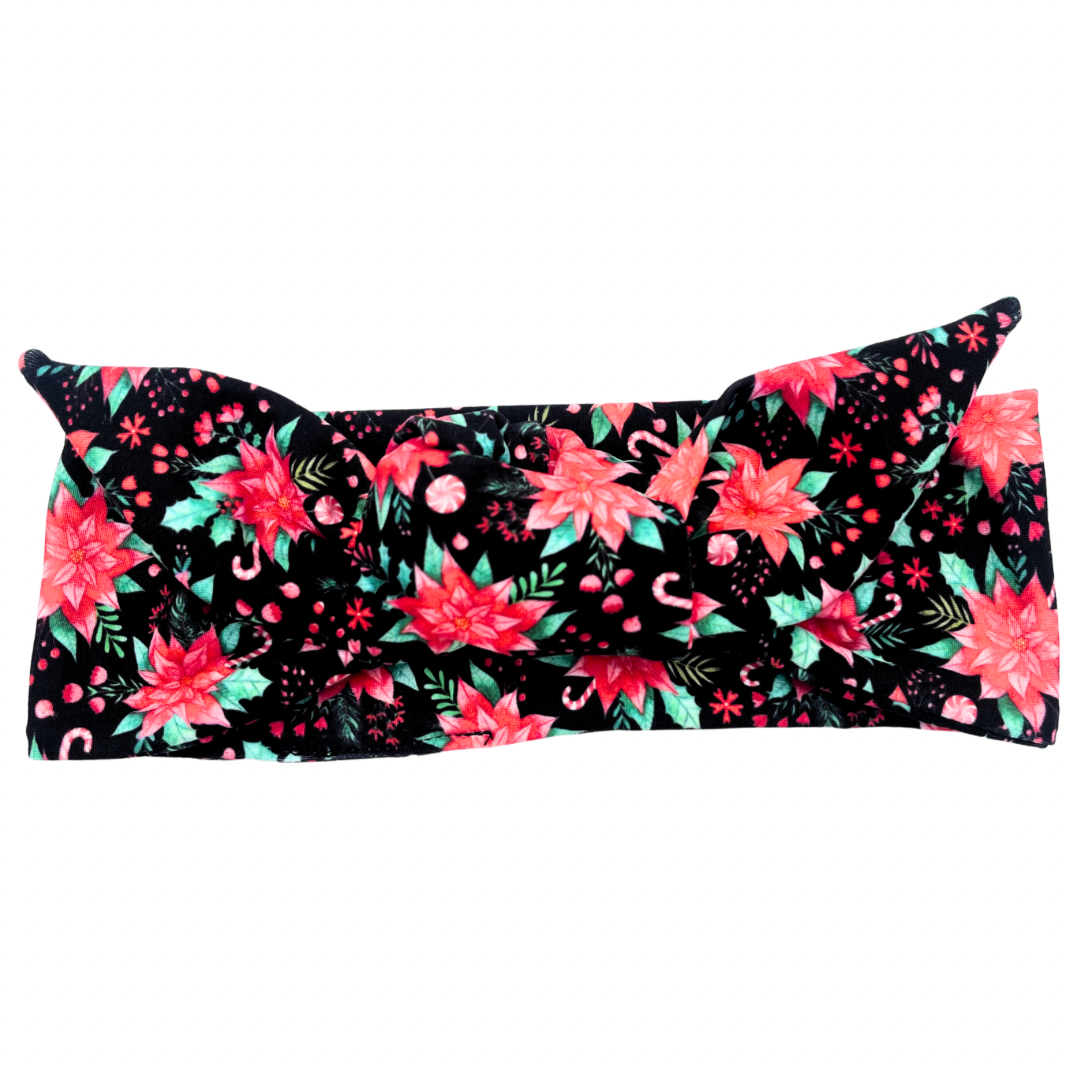 Poinsettia Flowers & Candy Canes Adjustable Tie Headband