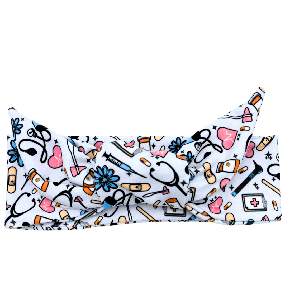 Floral Nursing Essentials - Light Gray Adjustable Tie Headband