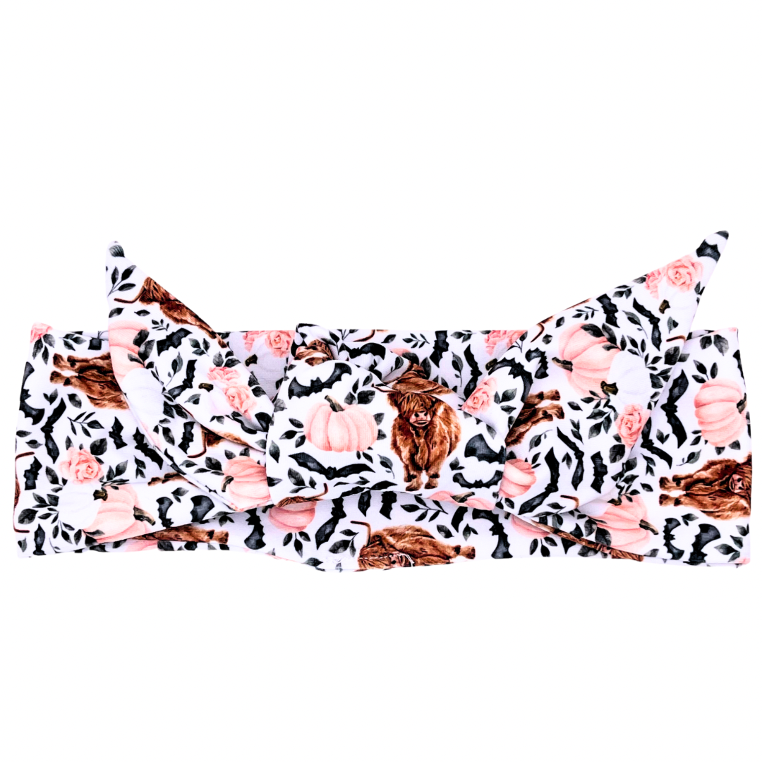 Highland Cow Pumpkins & Bats Adjustable Tie Headband