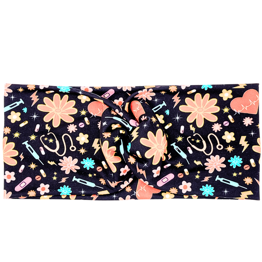 Retro Floral Nursing Black Headband