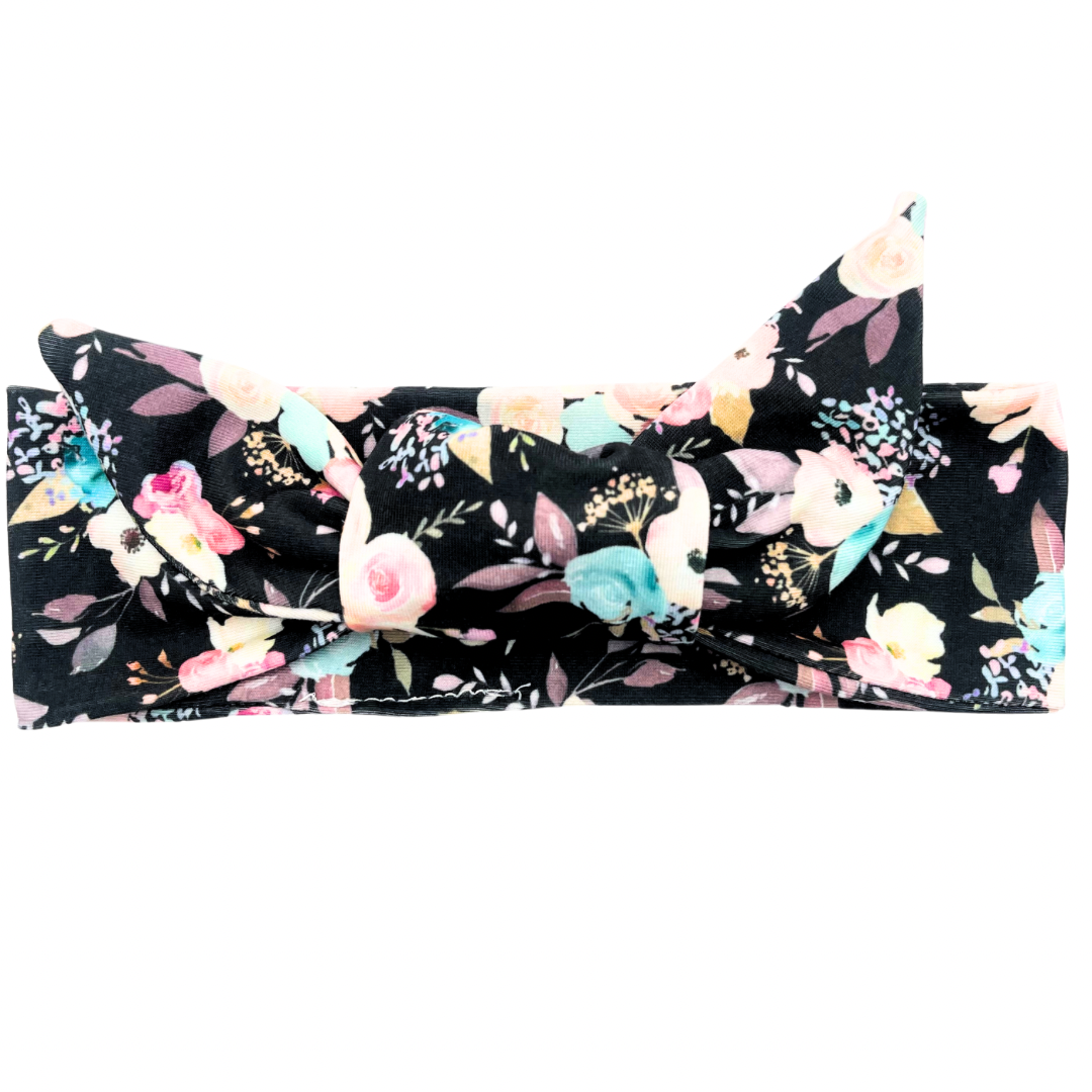 Boho Floral - Black Adjustable Tie Headband