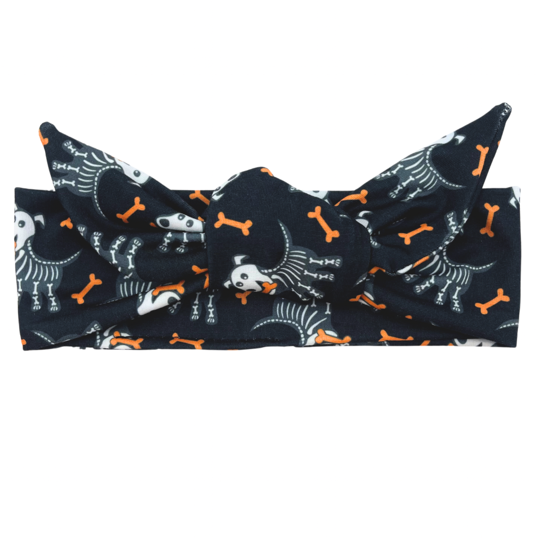 Skeleton Dogs & Orange Dog Bones - Black Adjustable Tie Headband