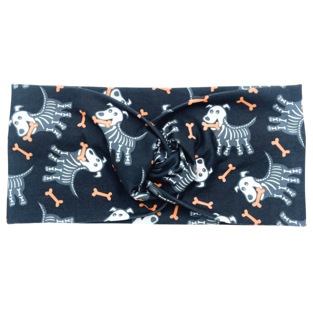 Skeleton Dogs & Orange Dog Bones - Black Headband