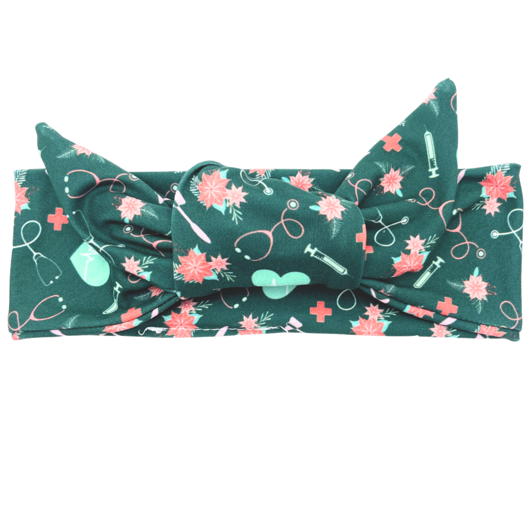Poinsettias Healthcare Christmas - Green Adjustable Tie Headband