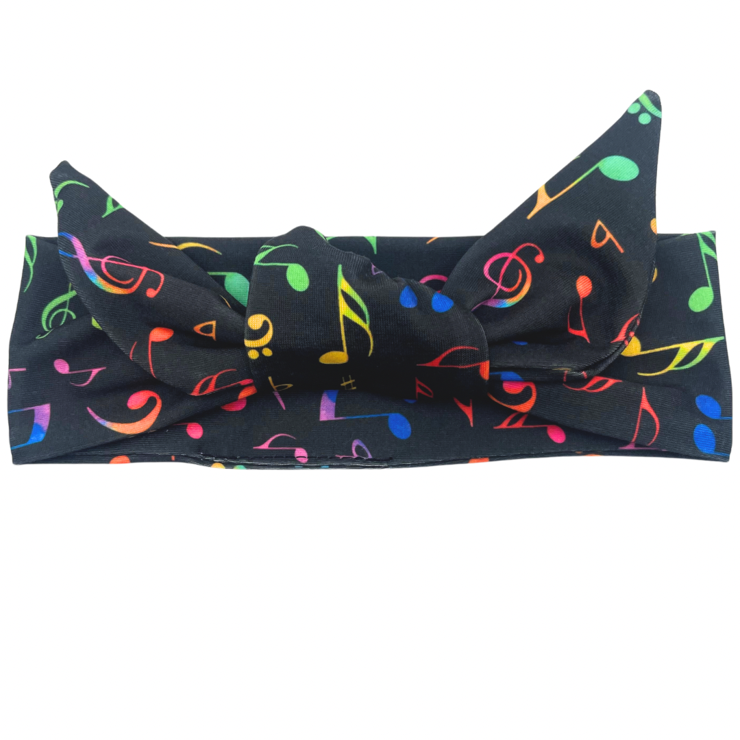 Colorful Music Notes - Black Adjustable Tie Headband