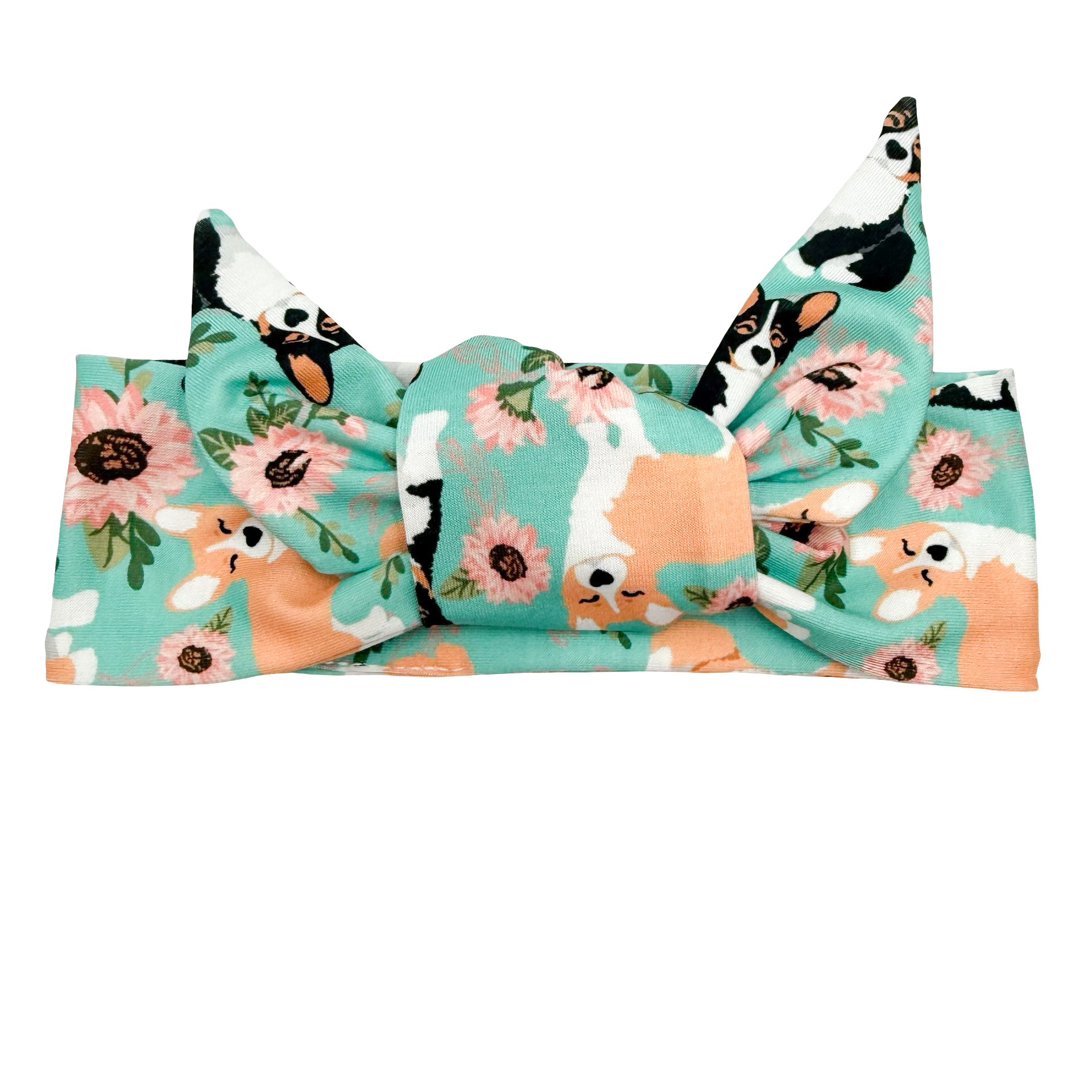 Corgis Floral - Teal Adjustable Tie Headband
