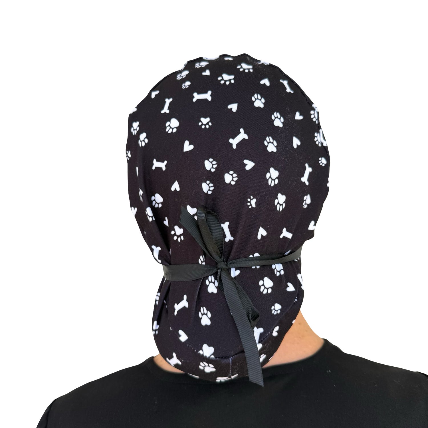 Pet Paws, Bones, & Hearts Black- Soft Ponytail Scrub Cap