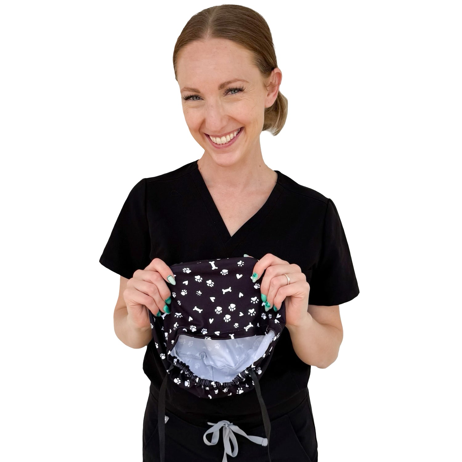 Pet Paws, Bones, & Hearts Black- Soft Ponytail Scrub Cap