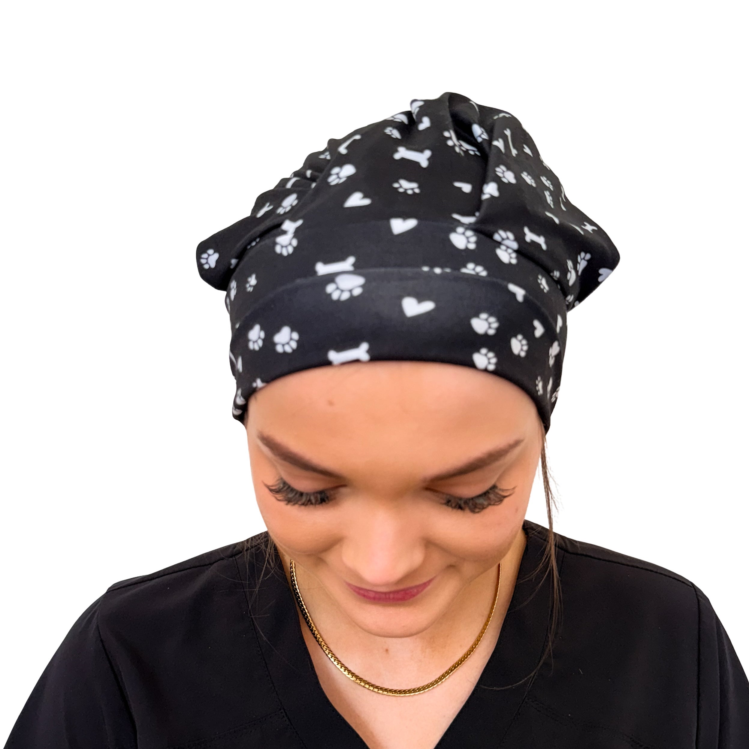 Pet Paws, Bones, &amp; Hearts Black- Soft Scrub Cap