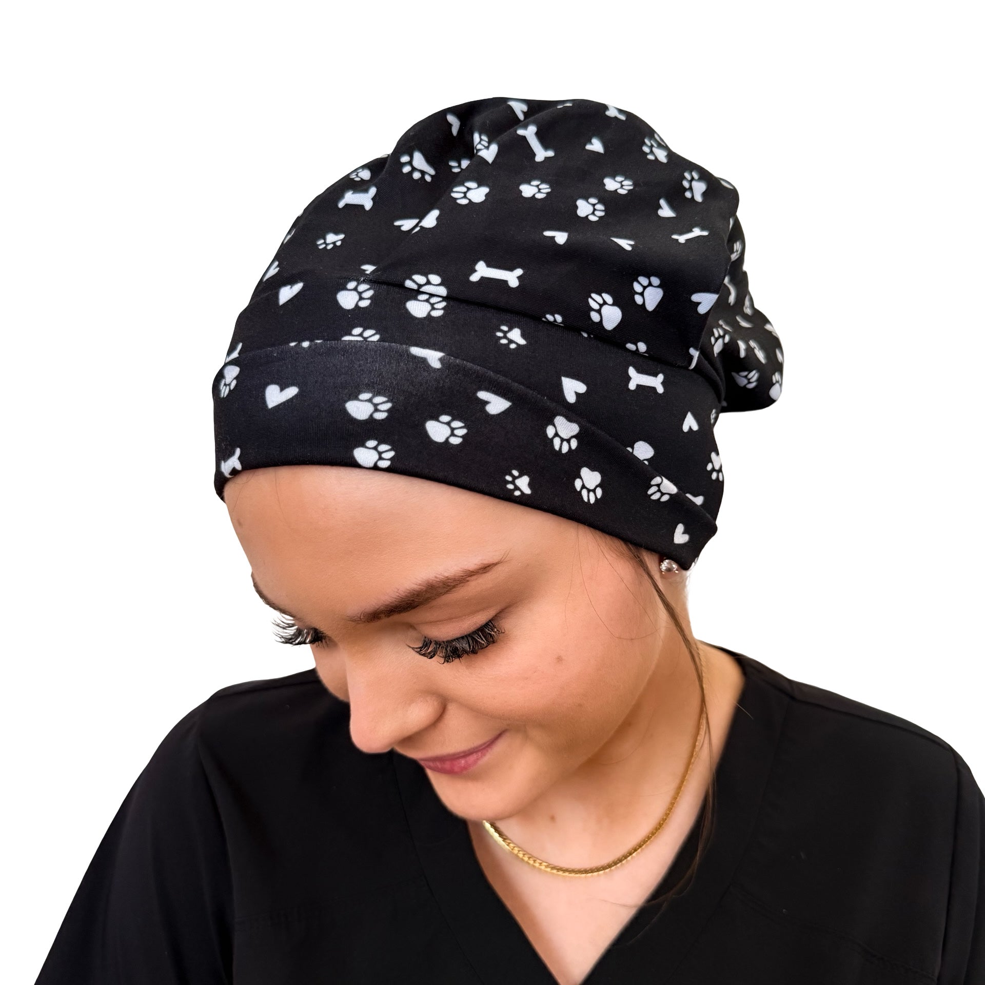 Pet Paws, Bones, &amp; Hearts Black- Soft Scrub Cap