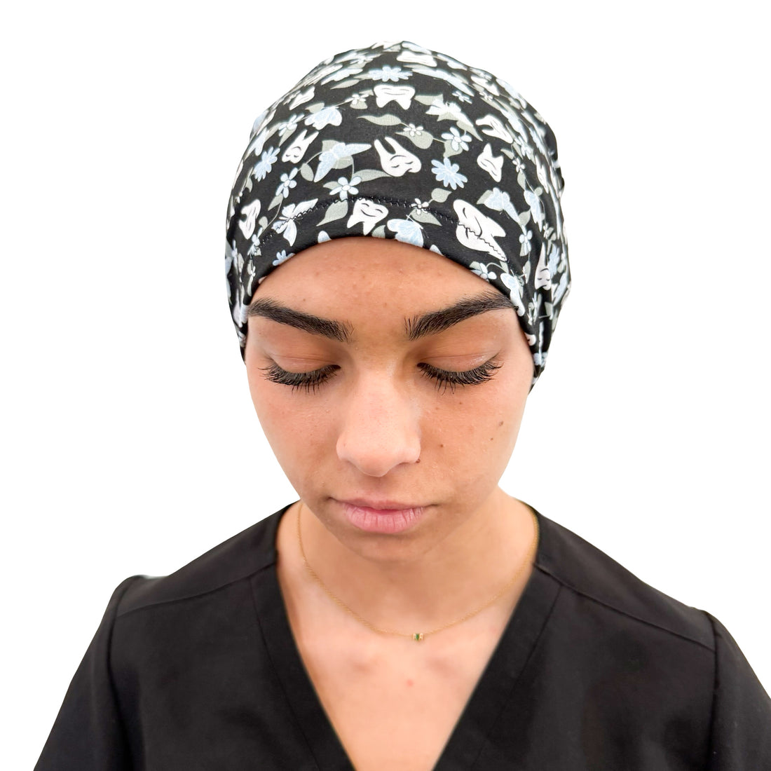 Floral Teeth - Black Soft Ponytail Scrub Cap