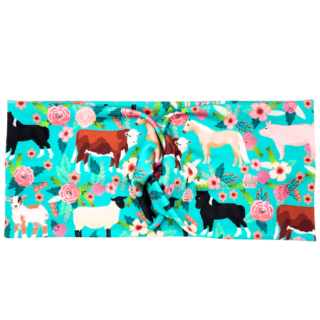 Floral Farm Animals - Teal Headband