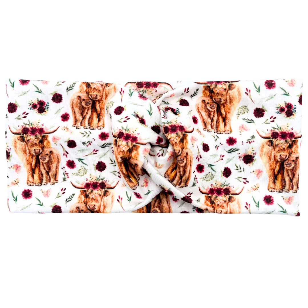 Boho Highland Cows + Maroon Florals Headband