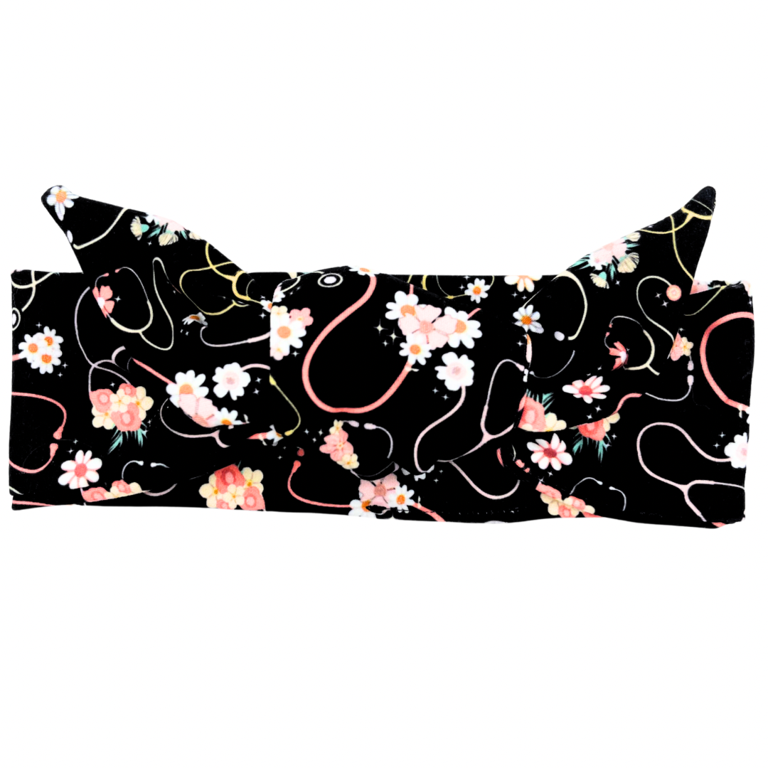 Floral Stethoscope - Black Adjustable Tie Headband