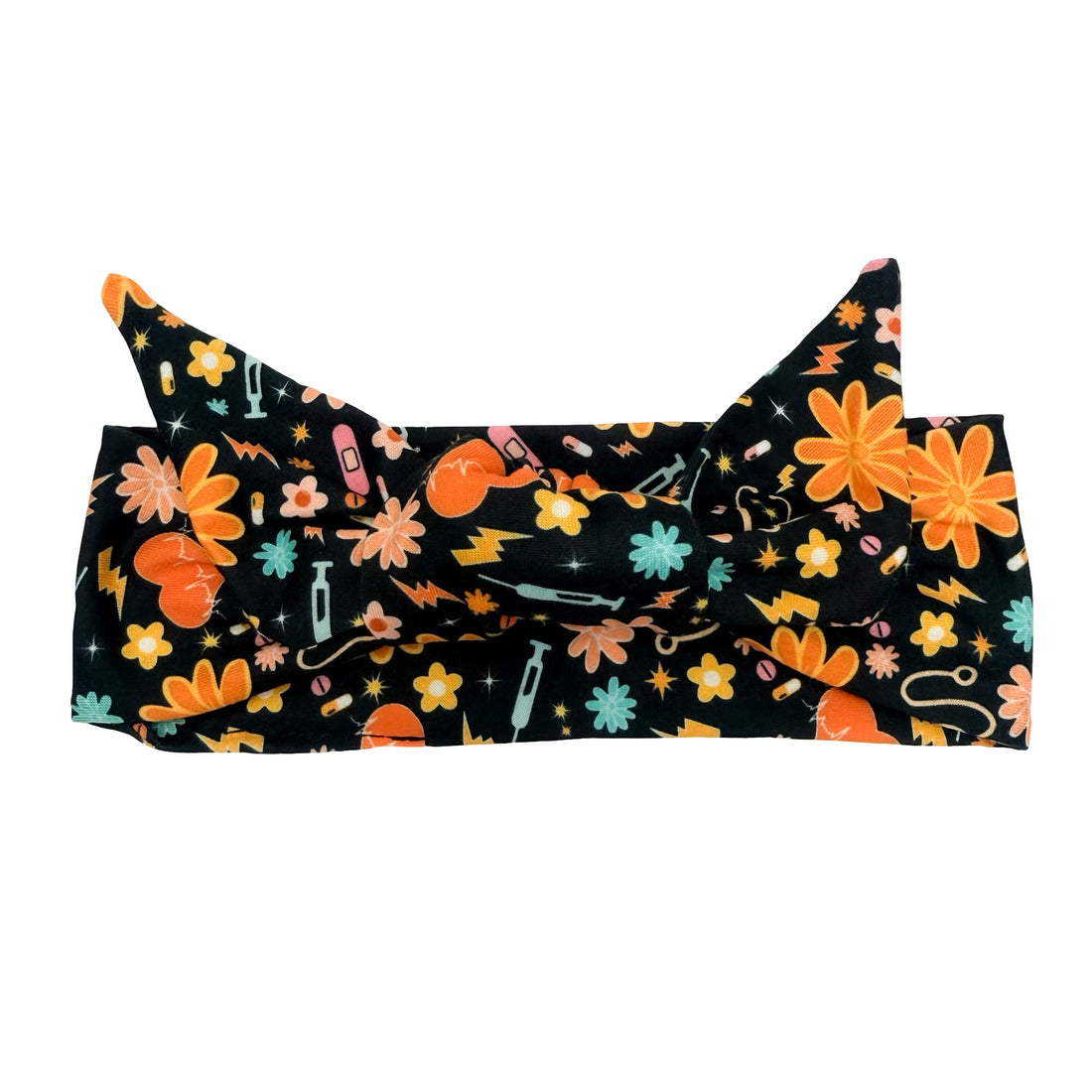 Retro Floral Nursing Black Adjustable Tie Headband