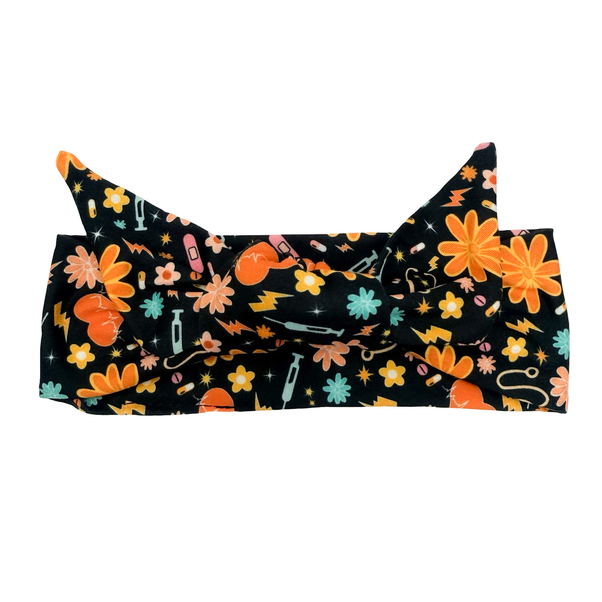Retro Floral Nursing Black Adjustable Tie Headband