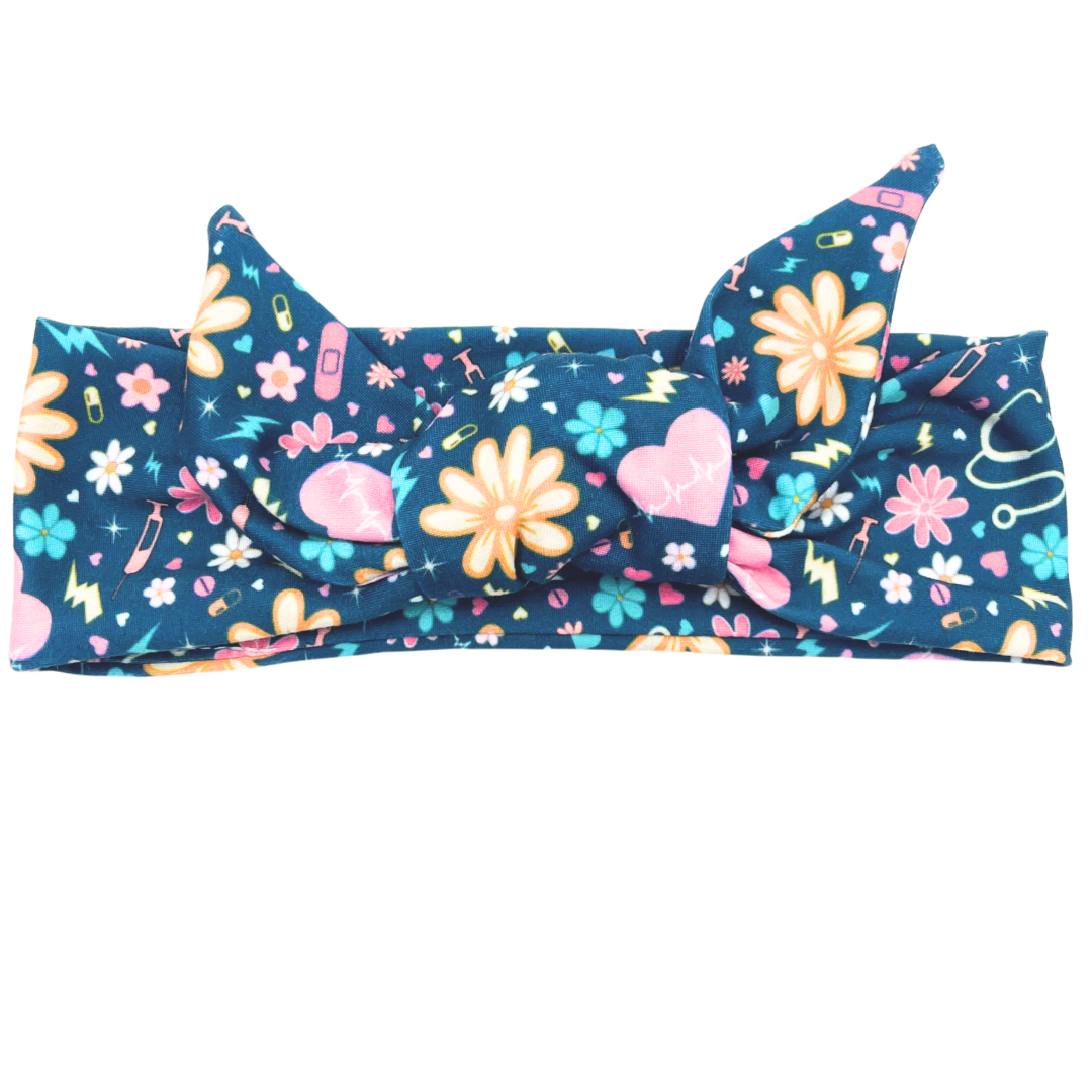 Retro Floral Nursing - Dark Blue Adjustable Tie Headband