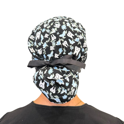 Floral Teeth - Black Soft Ponytail Scrub Cap