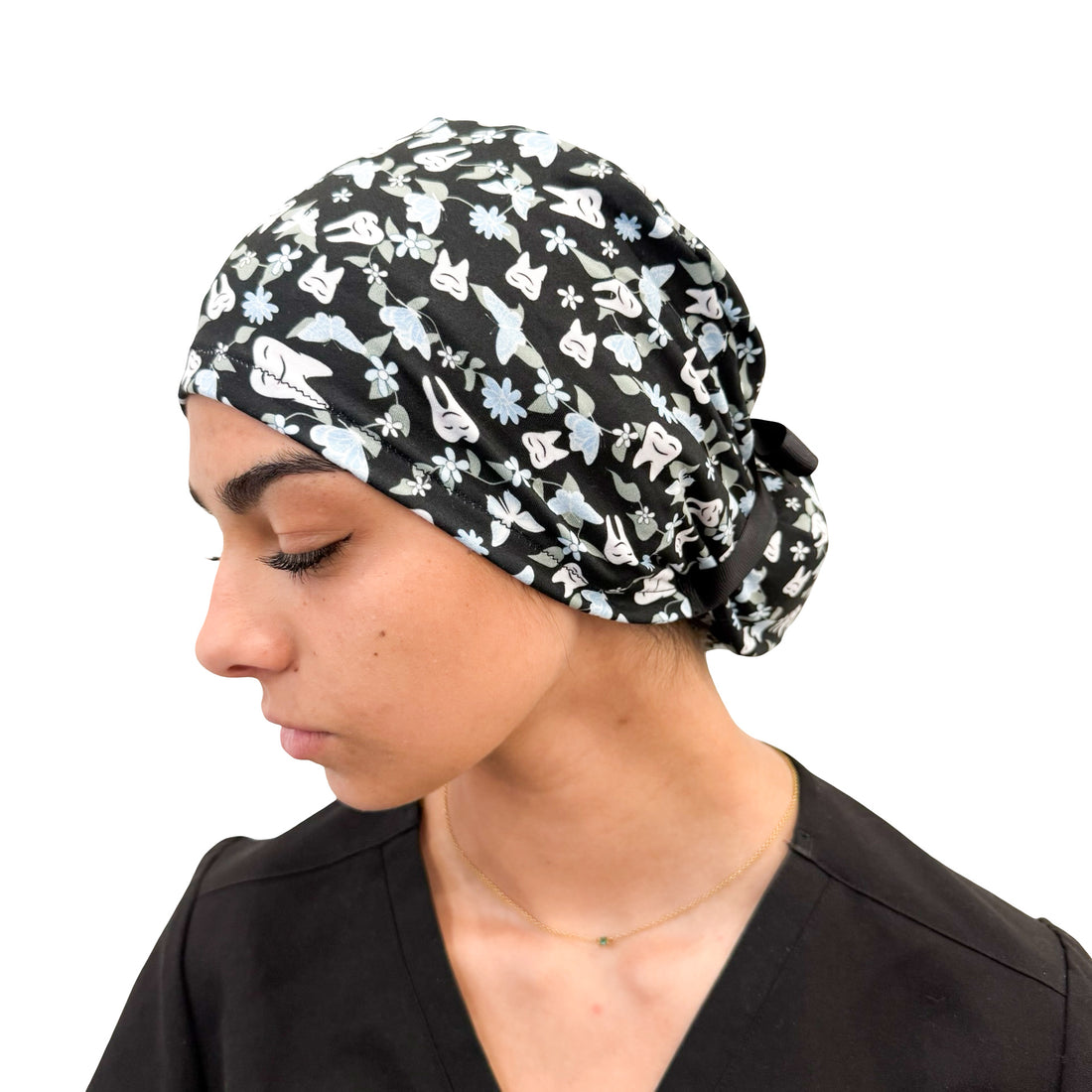 Floral Teeth - Black Soft Ponytail Scrub Cap