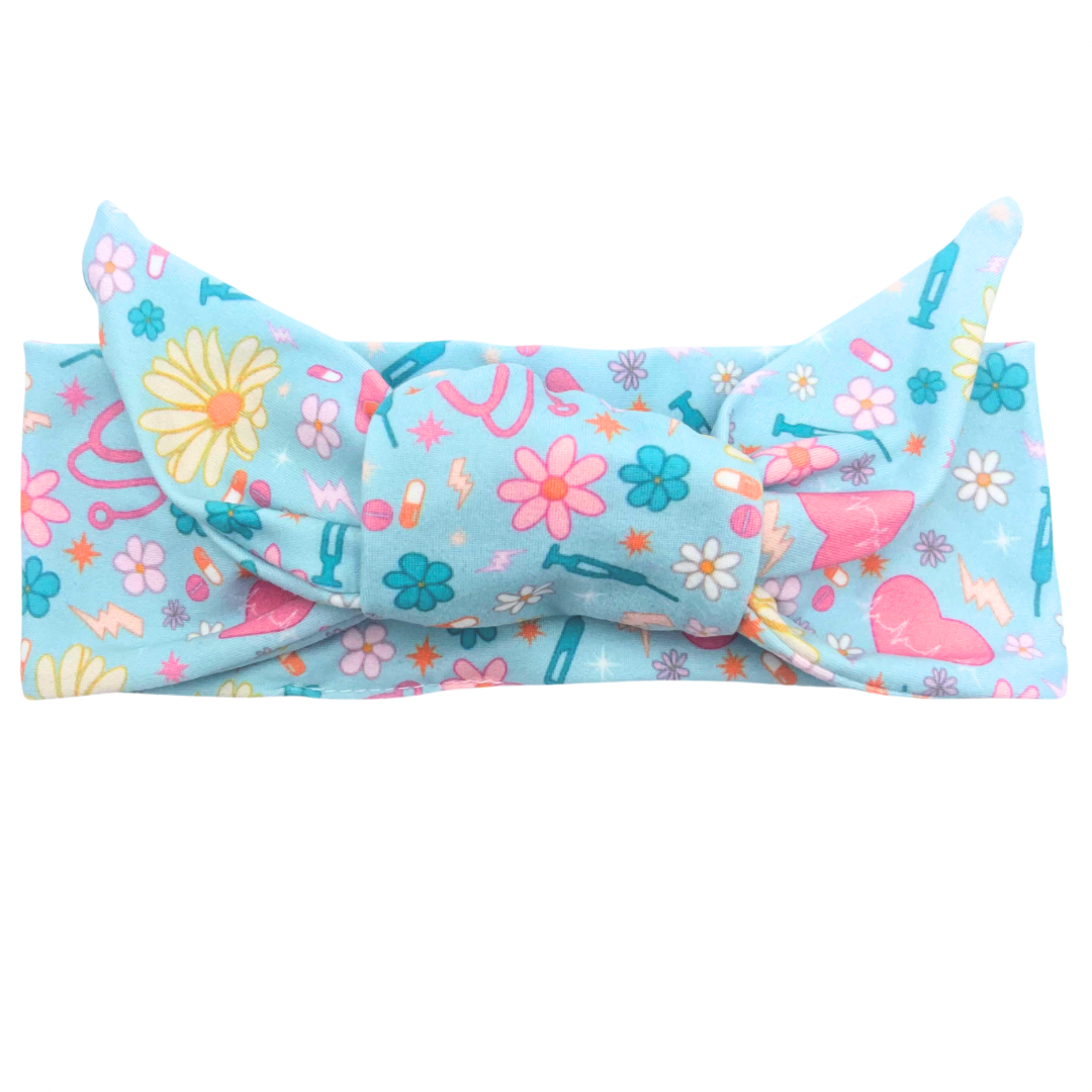 Retro Floral Nursing - Baby Blue Adjustable Tie Headband