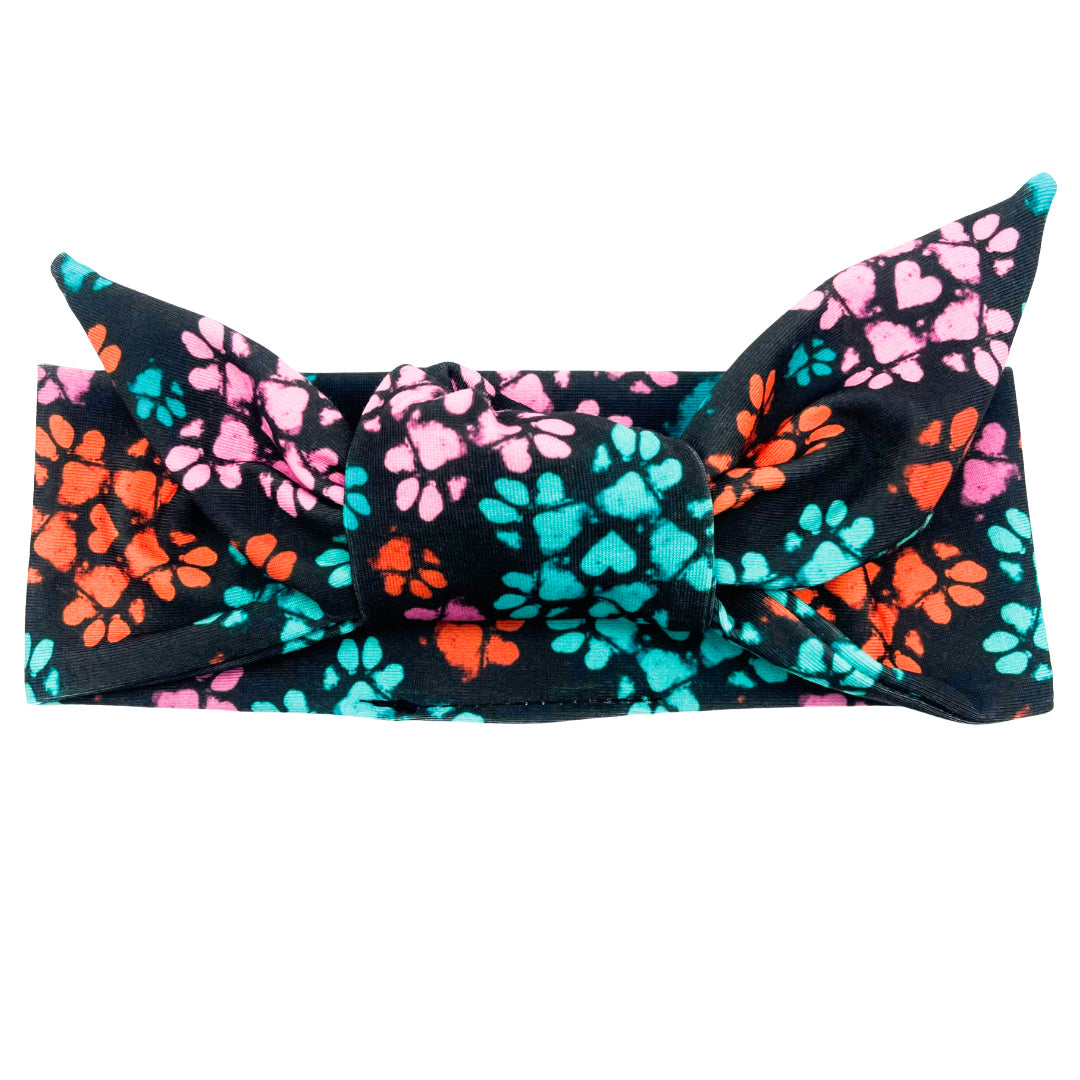 Colorful Paw Print Flower - Black Adjustable Tie Headband
