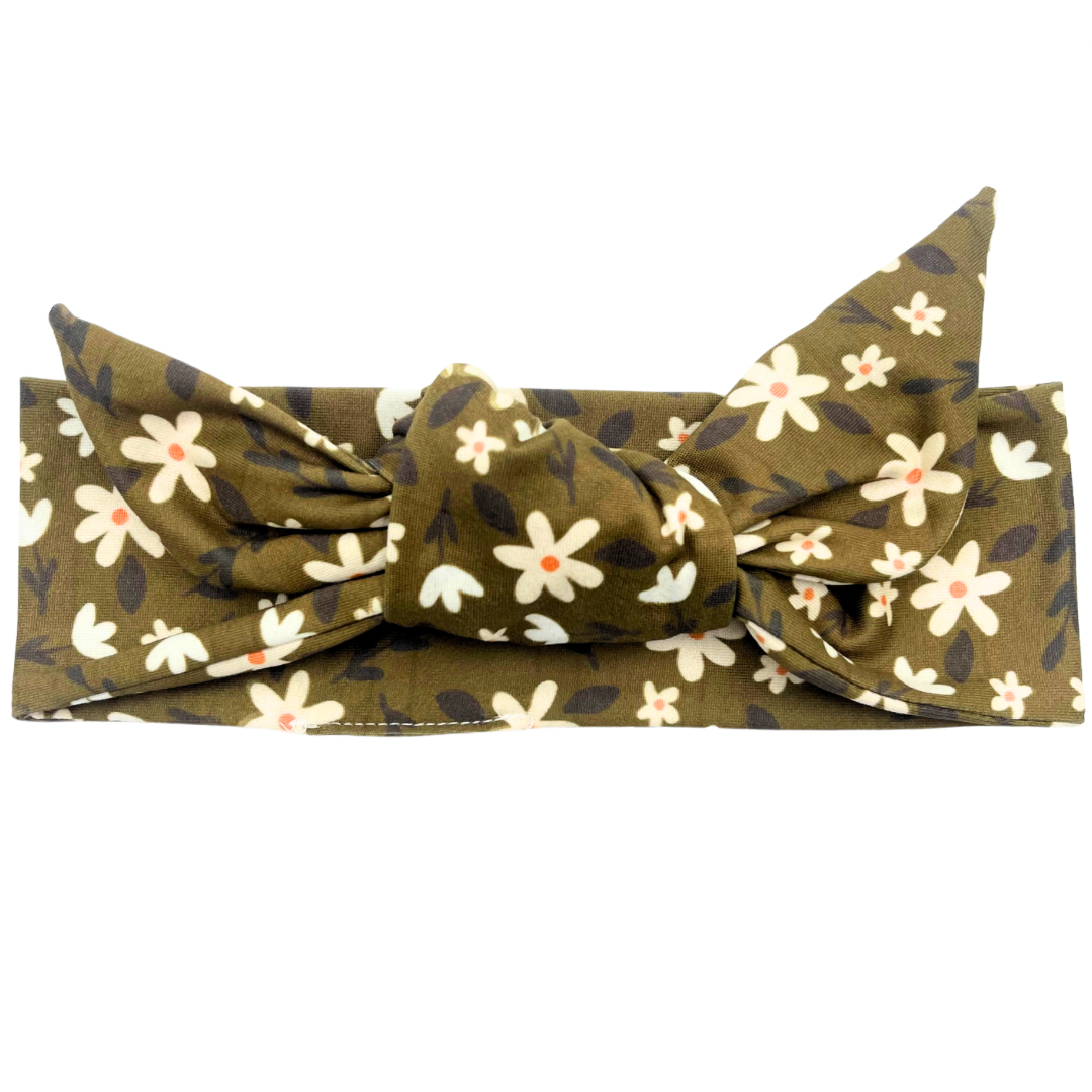 Daisies - Olive Green Adjustable Tie Headband