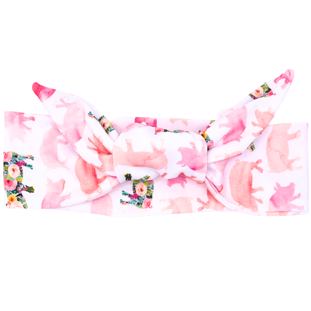 Pink &amp; Floral Pigs Adjustable Tie Headband