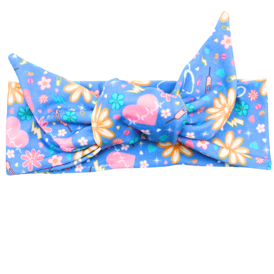 Retro Floral Nursing - Sky Blue Adjustable Tie Headband