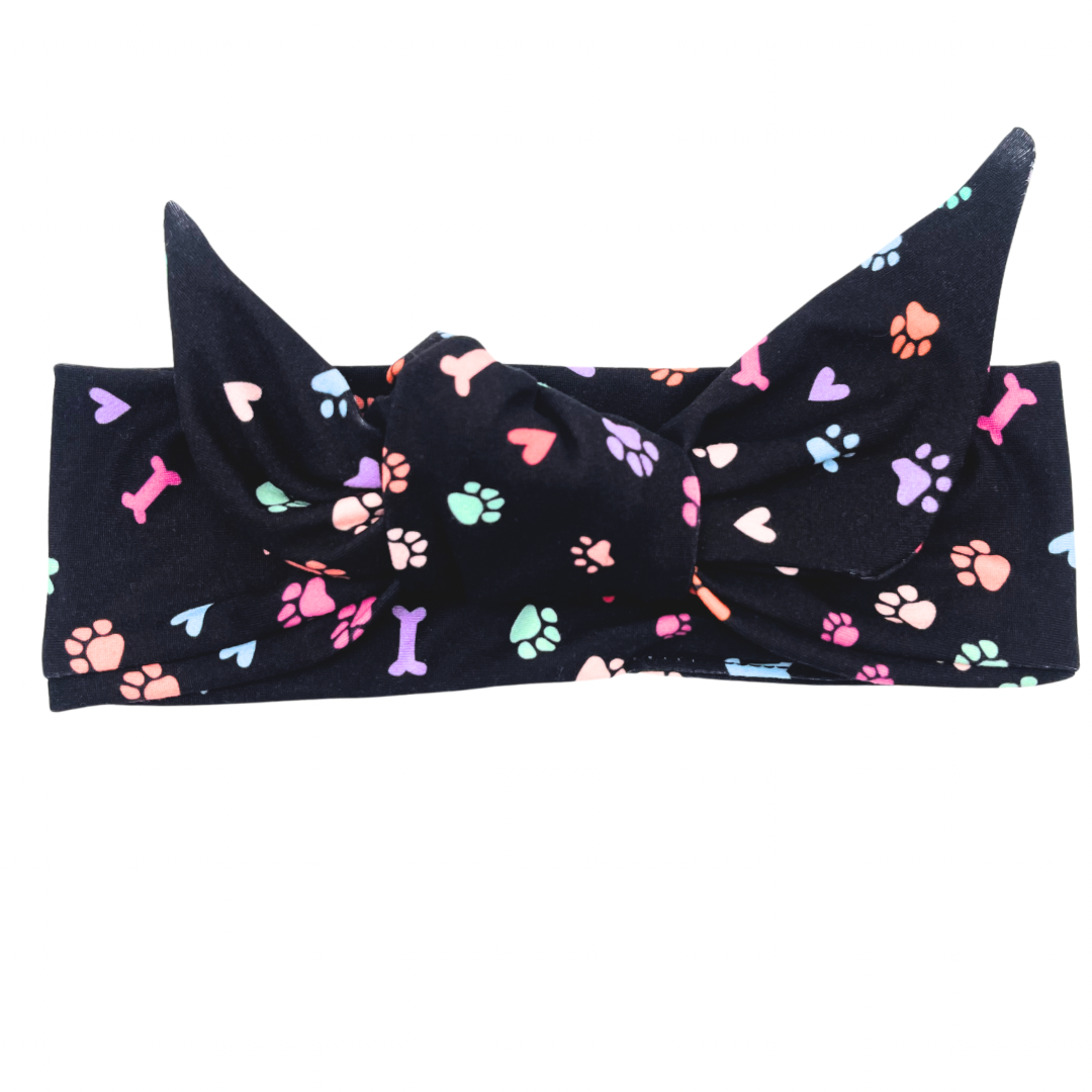 Colorful Pet Paws, Bones, & Hearts - Black Adjustable Tie Headband