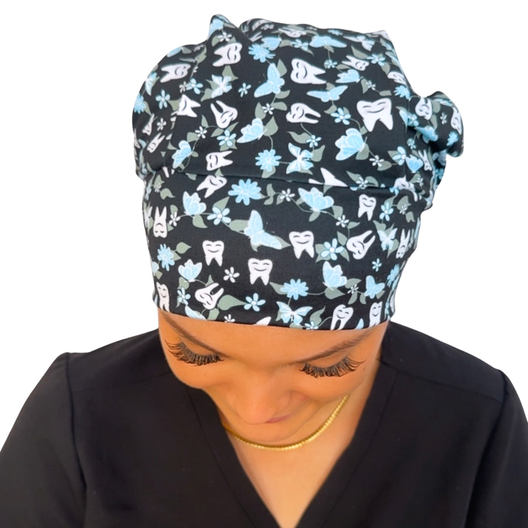 Floral Teeth - Black Soft Scrub Cap