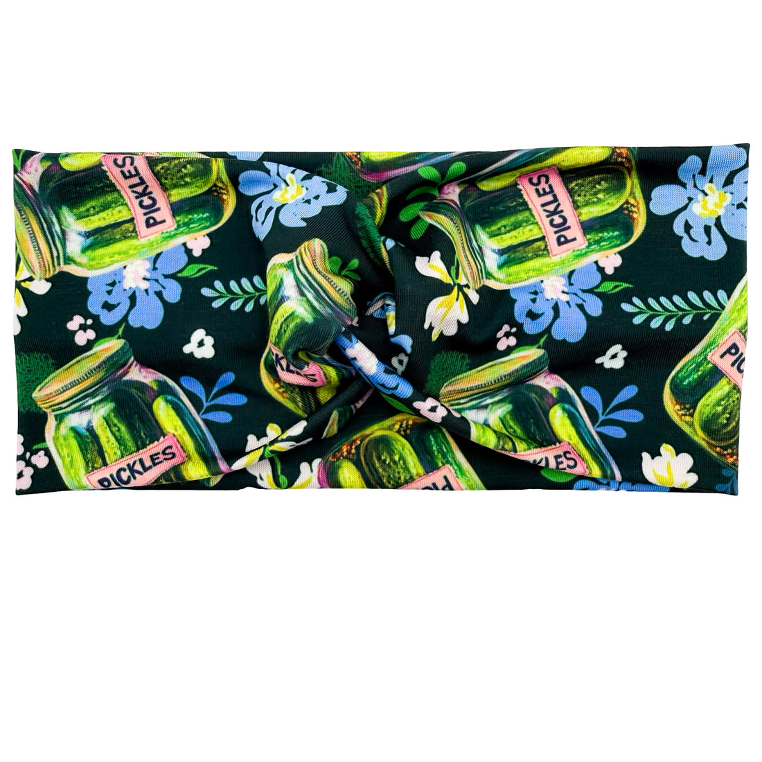 Headband with pickles and flowers pattern on a black background