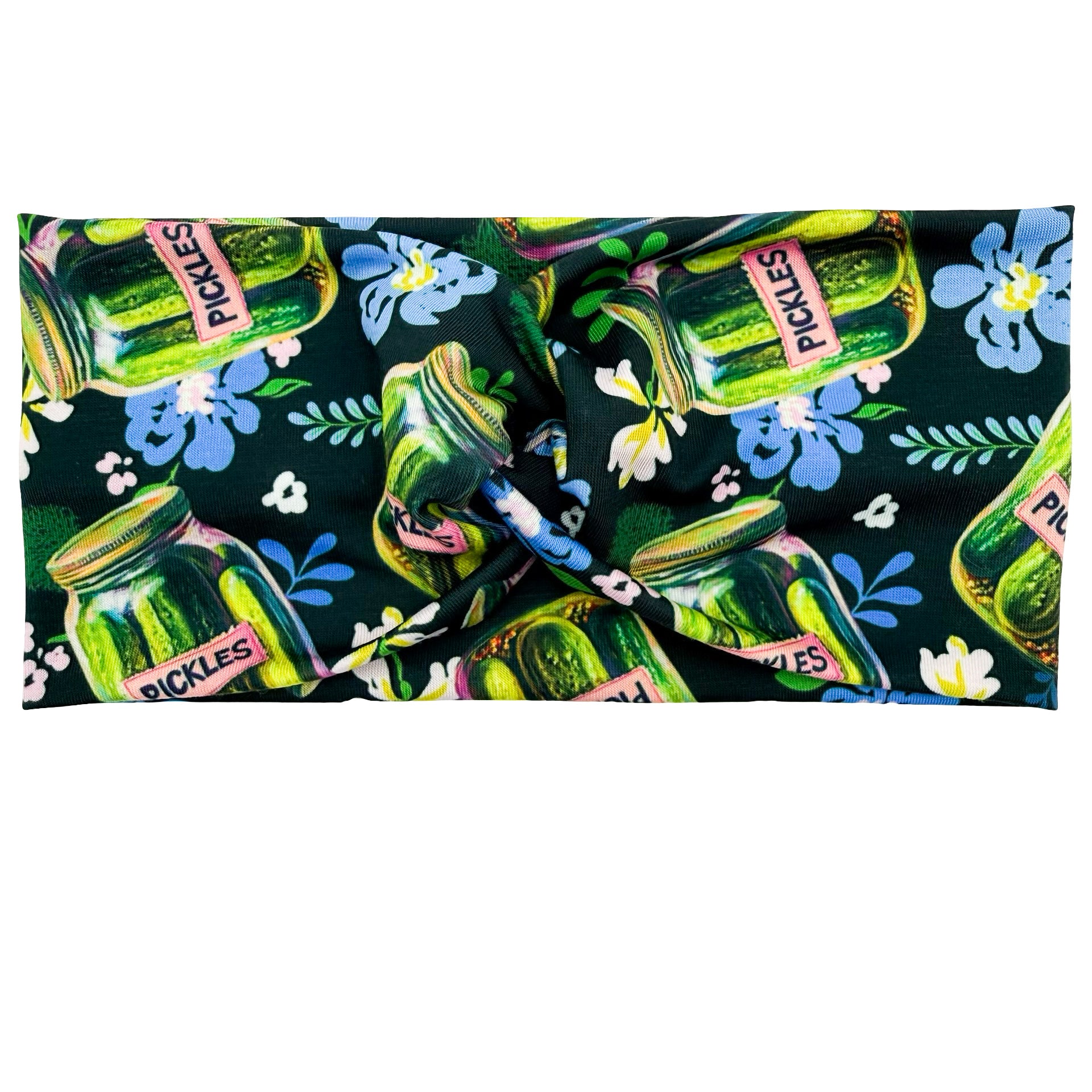 Headband with pickles and flowers pattern on a black background