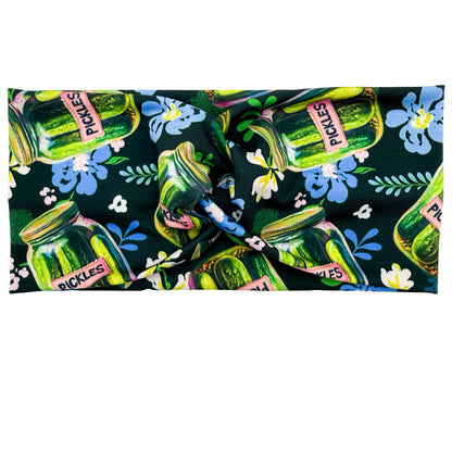 Headband with pickles and flowers pattern on a black background