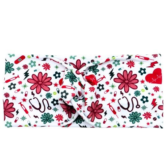 Red &amp; Green Retro Floral Nursing - White Headband