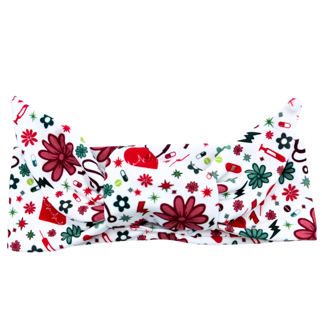 Red &amp; Green Retro Floral Nursing Essentials - White Adjustable Tie Headband