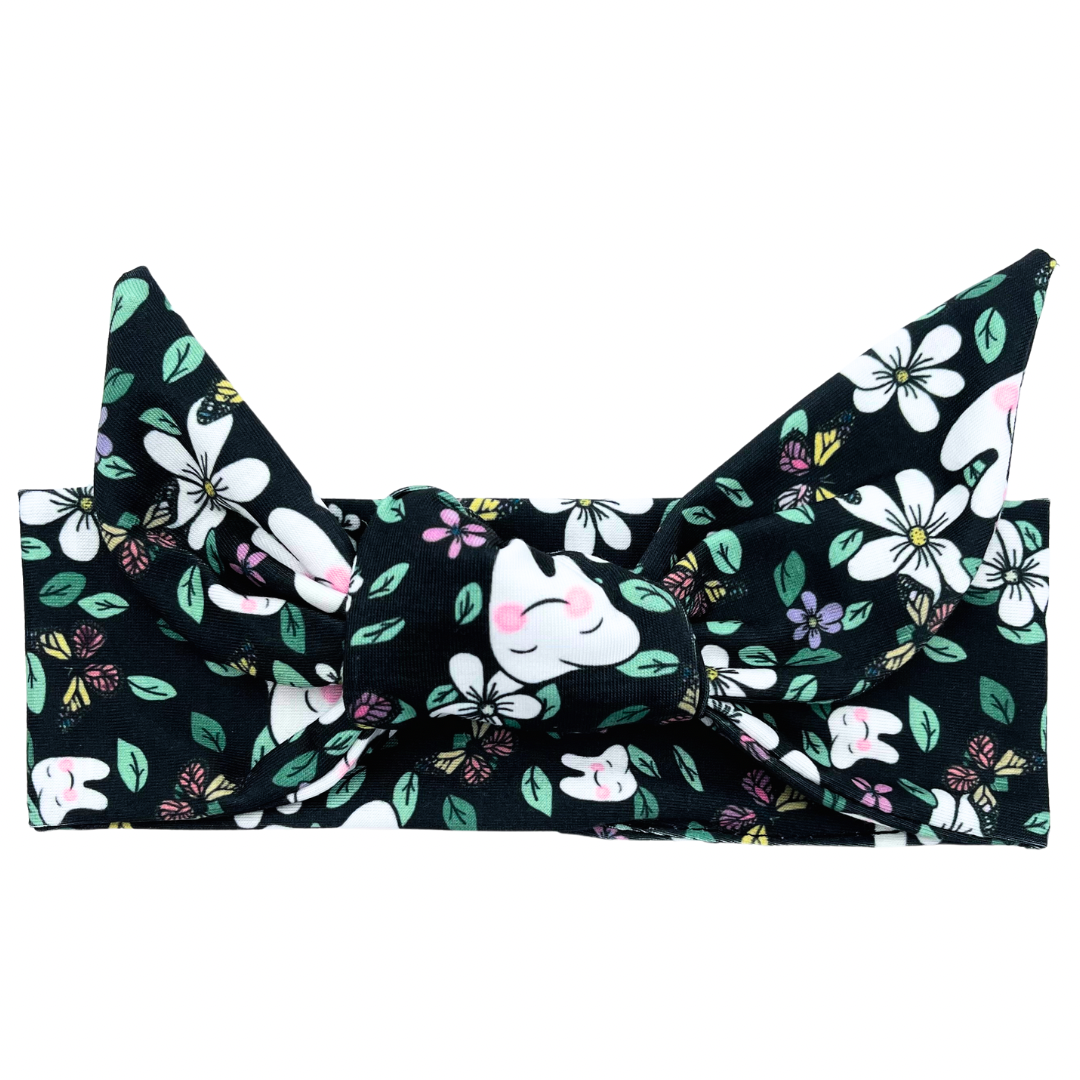 Happy Floral Teeth - Black Adjustable Tie Headband