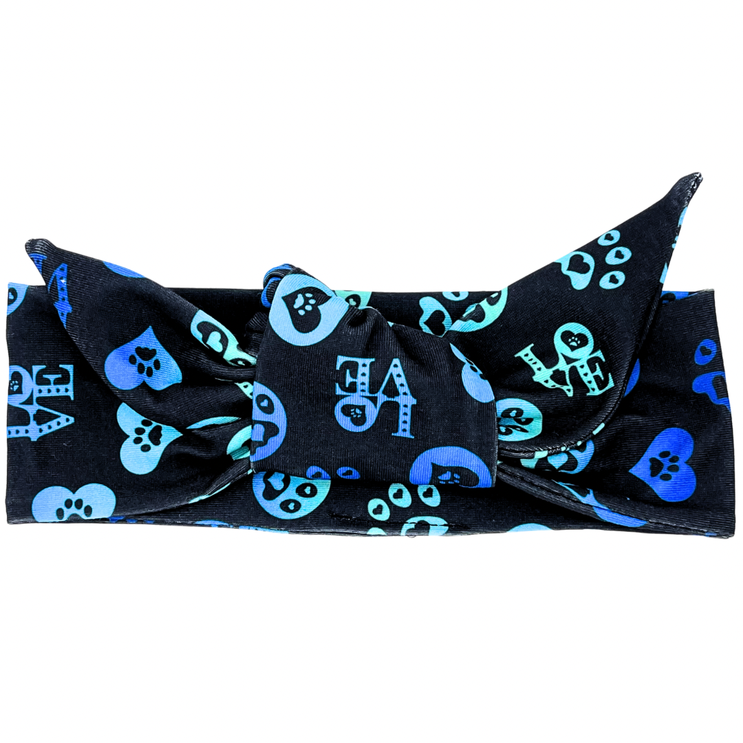 Blue LOVE Pets Paws - Black Adjustable Tie Headband