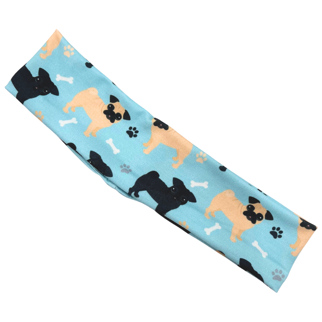 Pug Dogs - Light Blue Athletic Headband