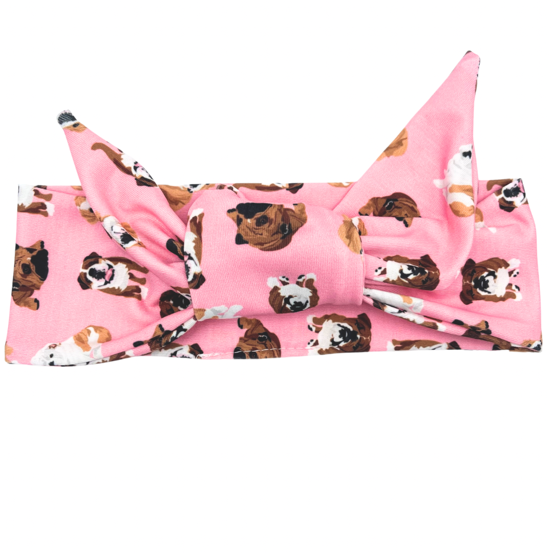 Bulldog - Pink Adjustable Tie Headband