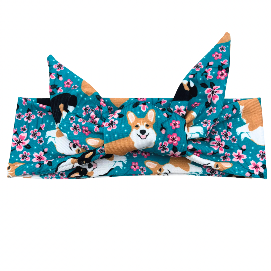 Corgi Dogs - Floral Adjustable Tie Headband